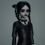 Placeholder: Jenna ortega with wednesday addams black dress,soft goth libstick, wednesday addams make up, dramatic lighting, highly detailed, volumetric lighting, unreal engine, 8k