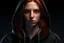 Placeholder: A beautiful young woman with brown eyes and shoulder length red hair wearing a black hoodie. Realistic.