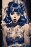 Placeholder: Poster in two gradually, a one side the Singer Melanie Martinez face, full body, sit pose, painting by Yoji Shinkawa, darkblue and sepia tones,sinister, detailed iridescent, metallic, translucent, dramatic lighting, hyper futuristic, digital art, shot with Sony Alpha a9 Il and Sony FE 200-600mm f/5.6-6.3 G OSS lens, natural light, hyper realistic photograph, ultra detailed -ar 3:2 -q 2 -s 750,malevolent goth vampire girl face and other side