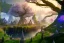 Placeholder: Immersive​ fantasy elven town city in the deep forest with ancient elder tree beautiful blossom nature river 4k full hd