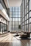 Placeholder: large single-story double-height lobby in a rectangular space with plenty of chairs and furniture with large windows, minimalist