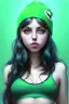 Placeholder: bellie eilish, cute, big boobs , beautiful, long hair, wavy hair, green hair, blue eyes, green beanie, green suimsuit, black tee shirt, green shorts, head and shoulders portrait, 8k resolution concept art portrait by Greg Rutkowski, Artgerm, WLOP, Alphonse Mucha dynamic lighting hyperdetailed intricately detailed