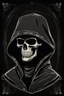 Placeholder: skull head on toy robot in a black hooded cloak drawn in a retro mascot style, inside a light diamond shape on a black background, monochromatic