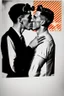 Placeholder: black and white photo of two men kissing, pop art background 1950s