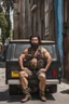 Placeholder: portrait photography of a 38 year old ugly beefy burly turkish plumber, wearing his work unbuttoned uniform, bulge, leaning with his back to his van, arms folded and angry look, , hairy chest, big belly, very virile, long black beard, shaved hair, sweat, , in a sunny street, photorealistic