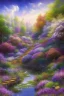 Placeholder: garden sky field trees river pools gold white purple stairs, 16k