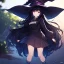 Placeholder: Clear focus,High resolution, black long fluffy hair, long fluffy bangs, purple eyes, wearing a witch outfit, wearing a short skirt, shadow