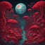 Placeholder: A jungle made of crimson coral under a crimson moon in which crimson critters live and hunt, in surrealism art style