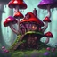 Placeholder: A weird mushroom house with drippy spots on a floating space island. black purple red green. Detailed gloss Painting, rich color, fantastical, intricate detail, splash screen, hyperdetailed, insane depth, concept art, 8k resolution, trending on artstation