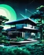 Placeholder: A modern country house, neofuturistic, retro anime art style, silver, blue and green colors. Pure black backgroundc7