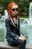 Placeholder: Gothic style rebel woman teenager, pretty and arrogant, red hair and black shiny round sunglasses, leather jacket, edgy bohemian outfit, combat boots, captivating grey eyes, white hair styled in intricate braids, playful and mischievous demeanor - depicted sitting at the edge of a fountain in a city green park, vibrant punk street fashionista, high realistic