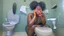 Placeholder: baffled black lady with cellphone sitting on the toilet