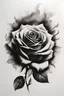 Placeholder: A realistic drawing in negative space black ink on white background of a rose inside a sun with very defined and correct details and brushstrokes smoke around it