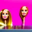 Placeholder: Foto realista. Una Cabeza de muñeca barbie decapitada sin cuerpo. Foto de estudio. Pared de fondo. Colores vibrantes. Gran angular. Simetría. Ultra hd.