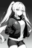 Placeholder: blonde girl with ponytails dressed in a jacket and shorts walk in dark corridor, greyscale