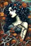 Placeholder: abstract creation of a beautiful girl with black curly hair, surrounded by black roses, thick metal chain broken, glass petals on the ground, autumn colours,dried out thorn bush, chaos,