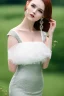 Placeholder: full shot body of very beautiful Woman with pale skin makeup , green eyes, long auburn hair, high fashion sexy silver dark gray lace dress , country side ,river ,country houses ,sharp focus.