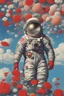 Placeholder: cloud in blue sky, a red lip, collage art, dreamy objects, surreal, criterion collection, showa era, intricate details, mirror modern NASA astronaut wearing a space suit on a planet made of flowers