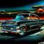 Placeholder: Detailed illustration of a [1957 Chevy], metallic body in [black], with subtle rust spots and faded paint details. The car is parked, chrome accents and custom wheels catching the light. The background shows [drag strip], with a [SKY GRADIENT COLORS]. The style is cinematic, bold, and vibrant, masterpiece digital painting with high detail and game-art inspired realism.