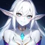 Placeholder: cosmic mage, elf, female, cosmic magic, long ears, white hair, face details, pale skin, jewellery, broad shoulders, sharp ears, cosmic clothes, cosmic eyes, ears shown, the cosmos in eyes, shining eyes, thin face, detailed ears, magical eyes, closed mouth, make up, smiling face, happy face, pointy ears