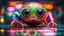 Placeholder: A middle size, jelly-like fatt body colorful pastel patterned skin, big eyes alien creature tanding a floor, full body, high detailed, high textured, sharp focus, deep colors, Professional photography, bokeh, natural lighting, canon lens, shot on dslr 64 megapixels , blur background with neon light, office