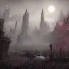 Placeholder: hyper realistic barren Bloodborne cityscape at night