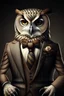 Placeholder: Owl dressed in an elegant suit with a nice tie. Fashion portrait of an anthropomorphic animal, bird, posing with a charismatic human attitude