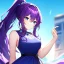 Placeholder: Clear focus, 8k, beautiful lighting, vibrant colors, girl, purple hair, long hair, vibrant blue eyes, ponytail, messy hair, purple and blue dress,