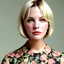 Placeholder: Liv Tyler, in floral clothes, curvy and tall, blonde bobcut hair, 16k, highly detailed, at office