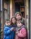 Placeholder: a poor worried mother with children taking shelter under damaged building in war torn city of Ukraine