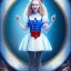 Placeholder: 3D close-up of a beautiful "Alice in the wonderland",ten years old,disney, sarcastic smile, high contrast, glowing backlighting, blue and red backlighting, vibrant hair, blu eyes, sharp focus, high makeup, medium face painting, background blur.