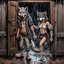 Placeholder: fantasy digital art of young anthro wolf kicked out of the house, she have gray hairy wolf body , paw, and wears just a short canvas rag around her waist , sadly face in the rain , behind her an tall angry anthro dark hairy wolf man and kicks her out the door with his foot, behind in rustic halb open door in an massive wooden house, deep colors, rainy day, detailed, anthropomorphic creatures, fantasy, sci-fi mood