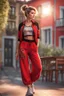 Placeholder: full body ,young woman with clear eyes, messy bun hair, bouncing looking back, soft velvet red/black two piece printed outfit, morning sun, cute, full body, ultra realistic, a variety of small details in the background, hyper realistic, surprised, sweet smile, 8k, HDR, 500px, by Koos Roos