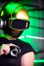 Placeholder: Metallic Cyber-punk style camera-mask and headphones. Large fencing mask covers cheeks. Trim man. Reflective plastic body surface, golden skin, full-coverage. Head full of integrated old-fashioned cameras and old telephones. Golden to cyan surfaces body. Perfect body, thick thighs and calves. Selfie, Selfies, mirror. Camera lenses cover the body. Mathematical equations, Euclidean 3D-tiling, Escher tiling. Soviet propaganda in 1990's. Cables in head. Daft Punk. Matrix. Hoodie, beanie.