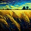 Placeholder: beautiful summer landscape, an ultrafine detailed painting, cotton waves Wheat field with crows painting by Vincent van Gogh, crisp quality, highly detailed, sharp focus.