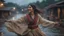 Placeholder: Hyper Realistic close-up-view of Beautiful-Happy-Pashto-Woman whirling across the streets of her village riverside at heavy-rainy-night with dramatic-&-cinematic-ambiance