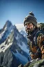 Placeholder: portrait of mountain climber in the Alps on mountain top, with rock giant creature in the background,shot on Hasselblad h6d-400c, zeiss prime lens, bokeh like f/0.8, tilt-shift lens 8k, high detail, smooth render, down-light, unreal engine, prize winning