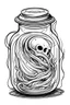 Placeholder: spooky ghost stuck in the jar idea, line art, background, vector, svg, black outline on white background, leave plenty of white space beetween lines for coloring, tattoo style, tattoo idea,full body, minimalist