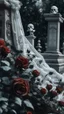 Placeholder: A grave above it a white lace scarf covered with blood and white roses. Cinematic picture