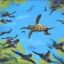 Placeholder: The turtle looks at the sky with a flock of birds