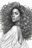 Placeholder: Create a coloring page of a beautiful black curvy female looking to the side with Wavely wild hair blowing in the wind. No shading, No color, no gray, white background