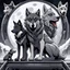 Placeholder: digital art front in picture an of little dark dog like creature stands and looking an anthropomorphic wolf couple sitting on the spaceship's ramp close together, the pale gray female wolf sits behind strong male wolf and puts one paw on the dark gray wolfman's shoulder, raini day, on ramp a little piece of meat lies down, high contrast, high detalied, high realistic, in background detail of an angular spaceship. Rain, The atmosphere is a seamless blend of sci-fi, dark fantasy