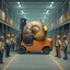 Placeholder: A giant snail in a factory driving around in a forklift, and are in the way for every worker, other angry workers stands around the snail and yell at him, pointing and give him the middle finger