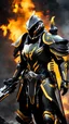 Placeholder: An incredible ultra advanced warframe bound by chains to the ground, with plenty of sophisticated gadgets with the whole and full body full armor with ultra sophisticated machine compagnon, background is a dark grey fog with flames in the distance, Warhammer 40K themed