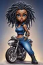 Placeholder: create an airbrush illustration of a chibi cartoon voluptuous black female wearing a blue jean outfit with biker boots. Prominent make up with hazel eyes. Extremely highly detail of a twisted dreadlocks. Background of a bike show.