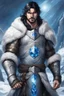 Placeholder: 1 man, with blue eyes and black hair man in silver Viking armor with fur around the neck with blue crystal on his chest , in the artic, warrior in anime style,