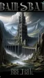 Placeholder: Fantasy city with 2 tall square black towers on the edge of a dam with a waterfall falling into a chasm below it in the mountains