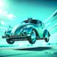 Placeholder: jet-fighter vw-beetle hybrid, retrofuturistic, phototrealism, in flight, one subject,