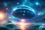 Placeholder: Magnificient luminous ufo flying in the universe over the sea, glitters, stars, sparks of light , a lot of details, cosmic and pacific and magical atmosphere, 8k, very hight definition