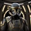 Placeholder: star wars bald male corellian pilot wearing gunmetal grey and black first order armored TIE pilot flightsuit and helmet with gold trim inside the jedi temple, centered head and shoulders portrait, hyperdetailed, dynamic lighting, hyperdetailed background, 8k resolution, volumetric lighting, light skin, fully symmetric details